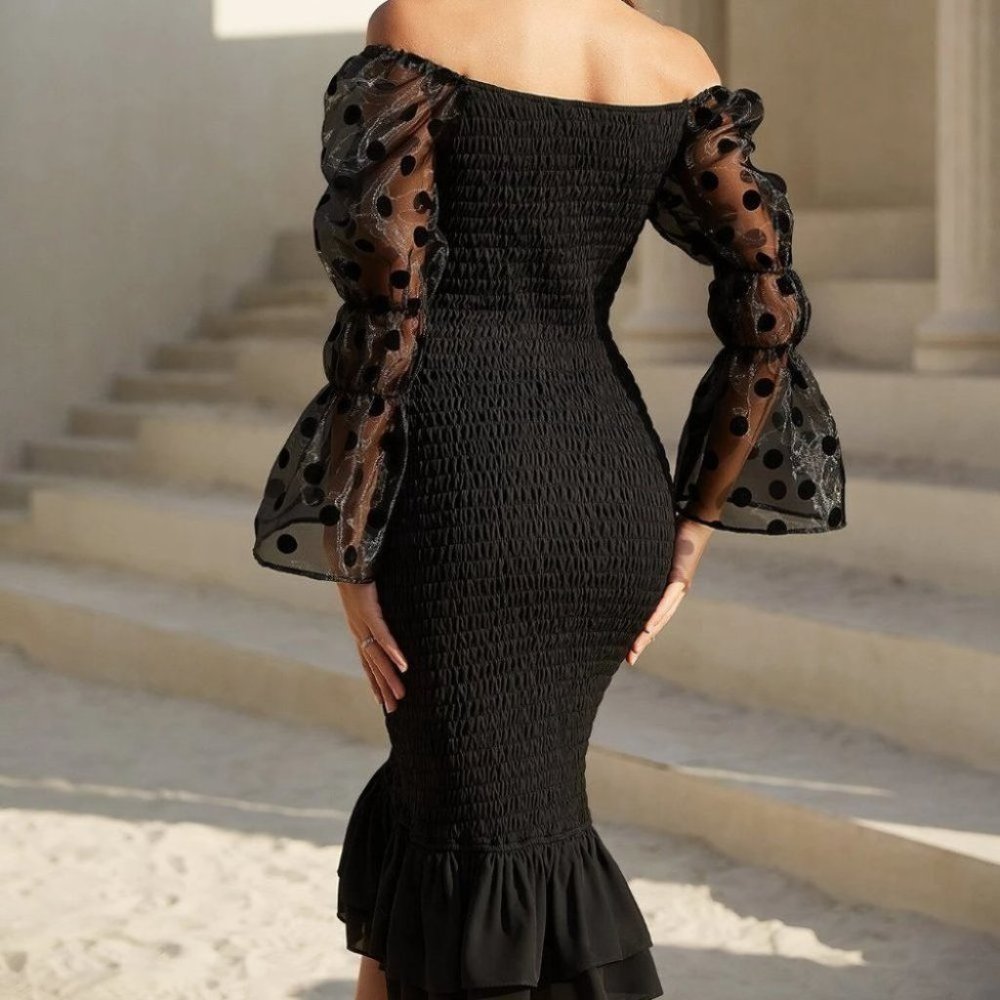 off Shoulder Ruffled polka dot Detailed sleeve Black Midi Dress - Picture 6 of 7